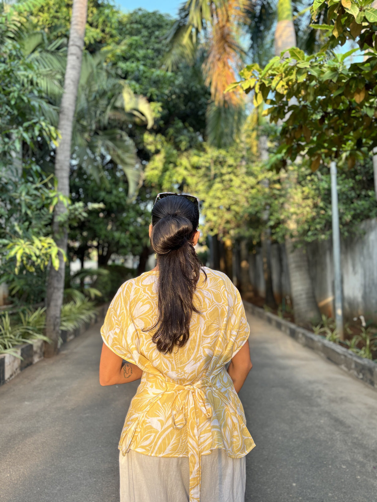 Yellow Leaf Print Muslin Tie-Back Top
