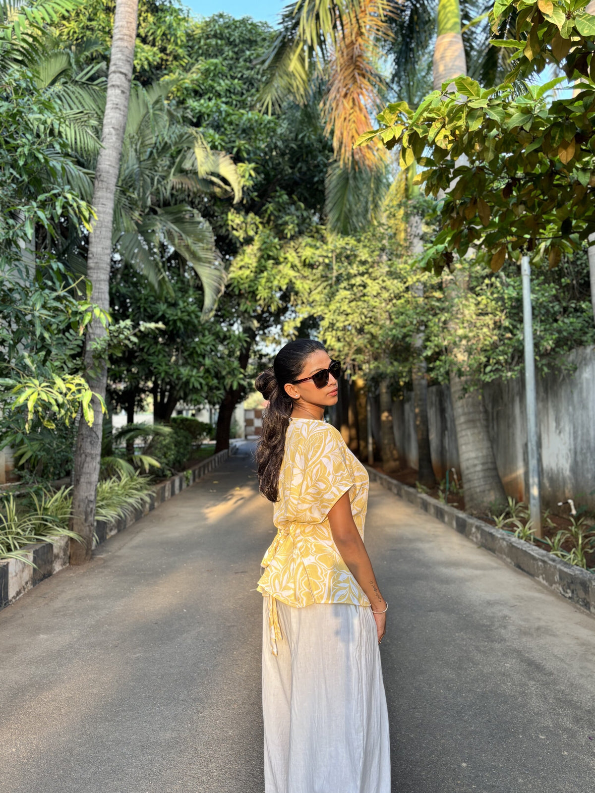Yellow Leaf Print Muslin Tie-Back Top
