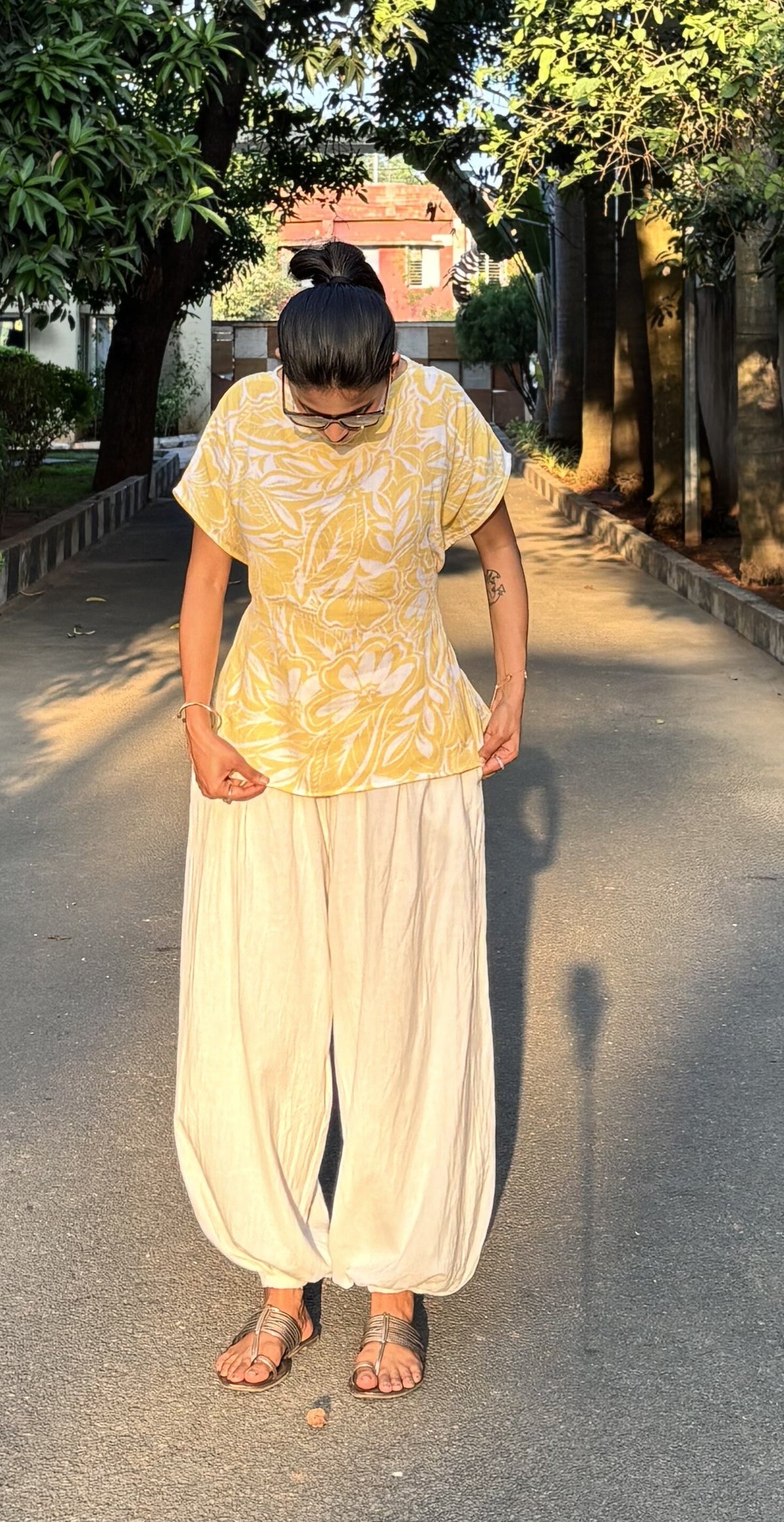 Yellow Leaf Print Muslin Tie-Back Top